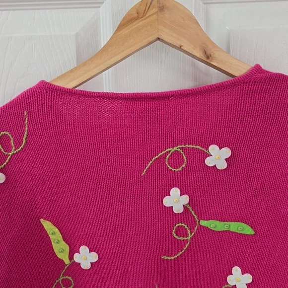 Talbots Pink Ramie Blend Cardigan Felt Sweet Peas Floral Embroidery Size Medium - Picture 8 of 13